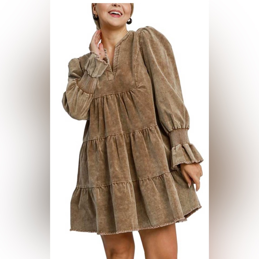 Umgee USA Stone Washed Corduroy Tiered Dress.Chocolate Brown V-Neck DressSize:XL